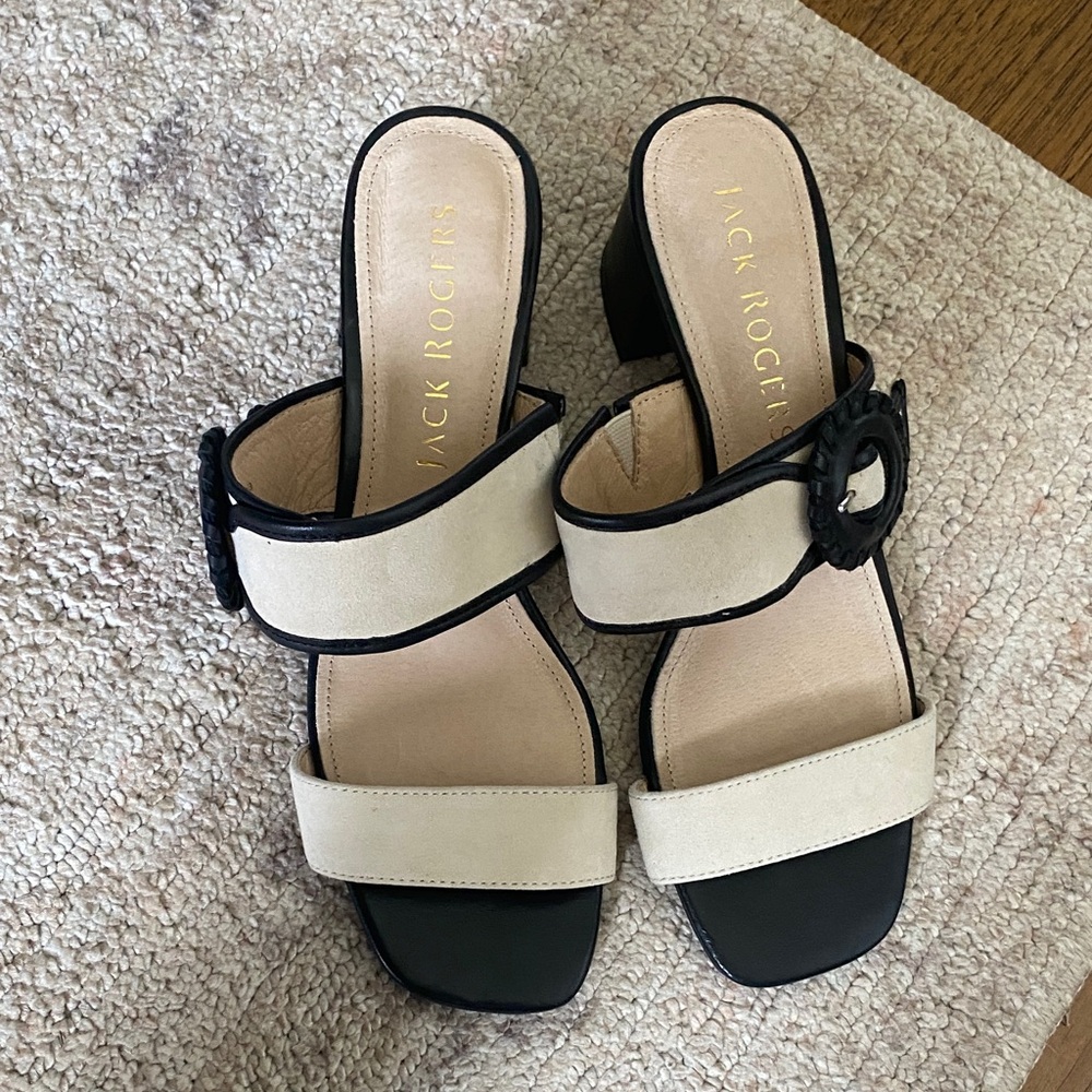 Jack Rogers Callie Two-Tone Beige and Black Block Heel Sandals